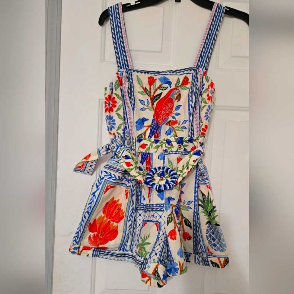 FARM Rio Red and Blue Jumpsuit with Bold Floral and Geometric Patterns
